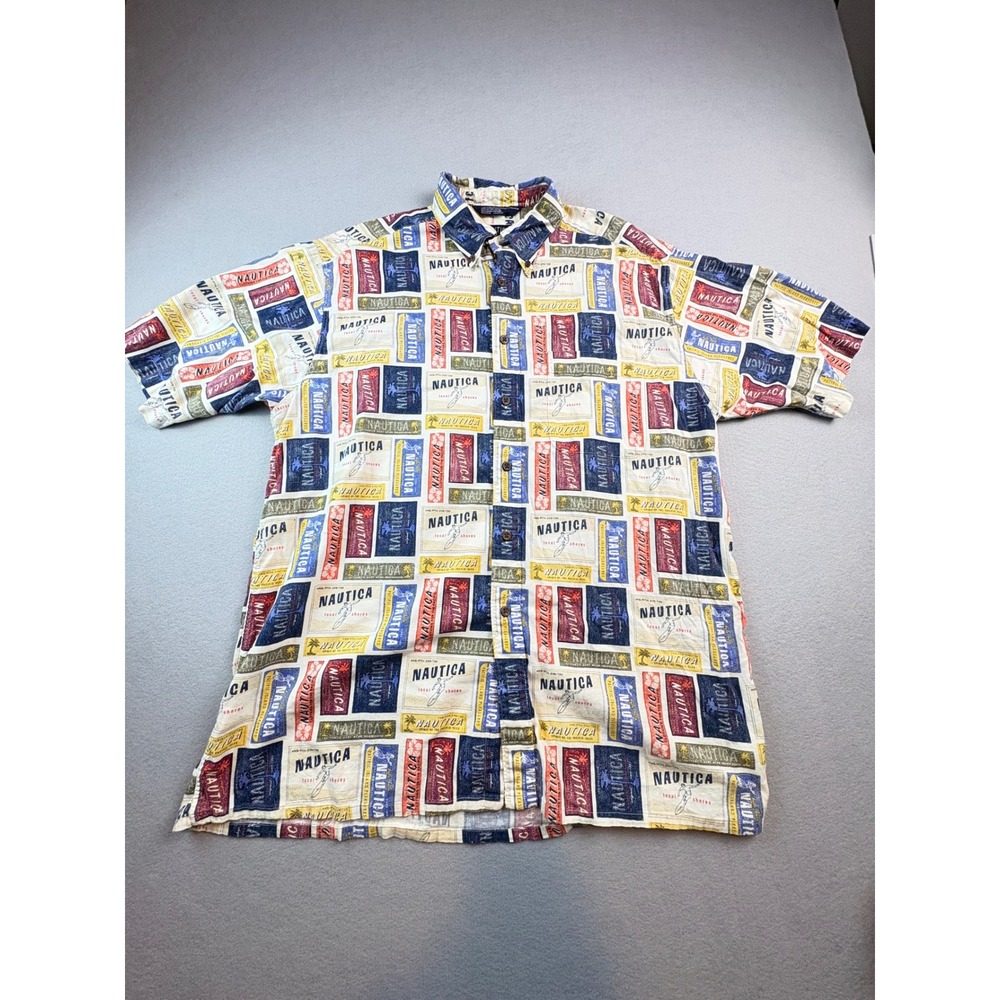 Nautica Mens Large Vintage Island Surf Label Print Cotton Rayon Aloha Shirt